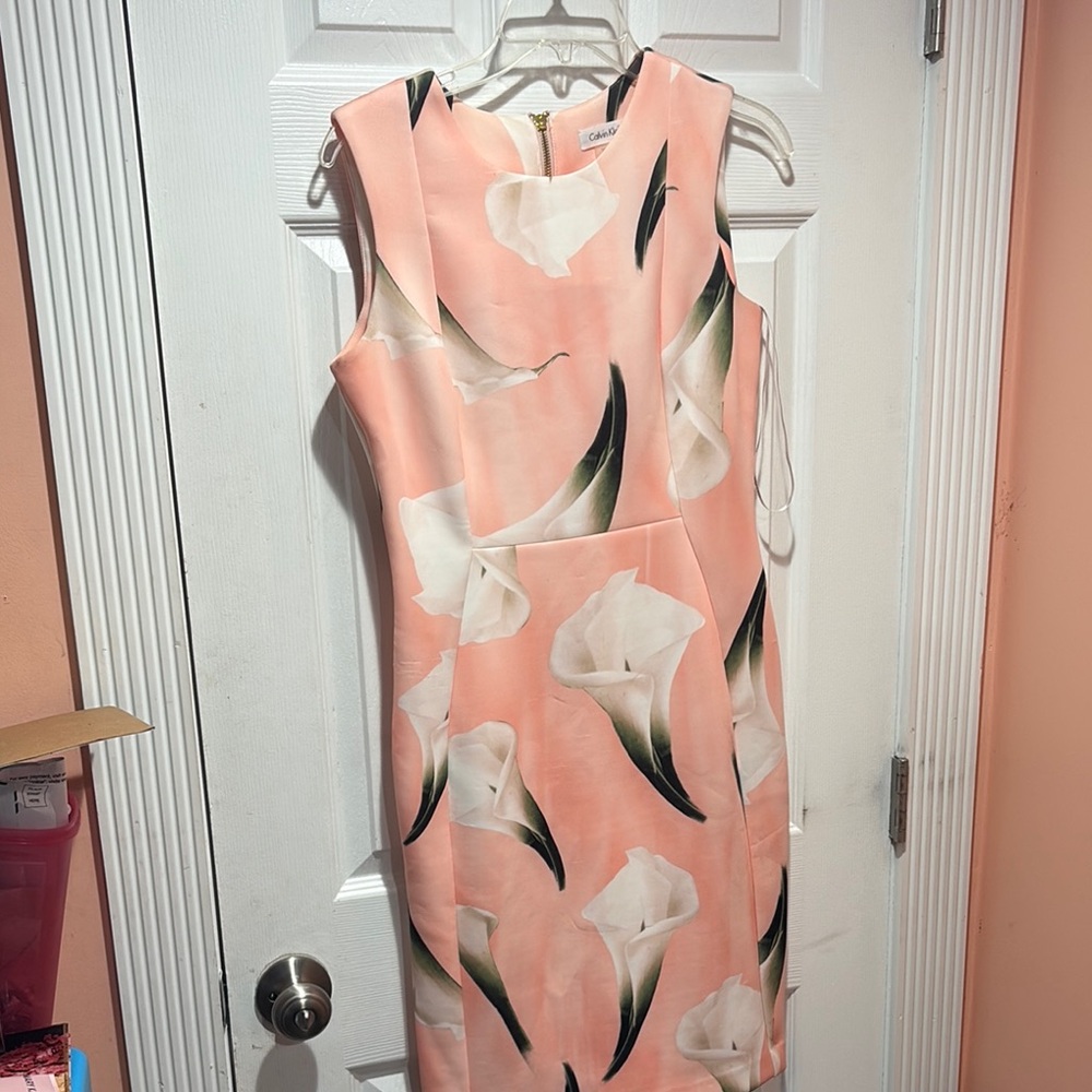 Calvin Klein Pink Sheath Midi Dress Crew Neck Sleeveless